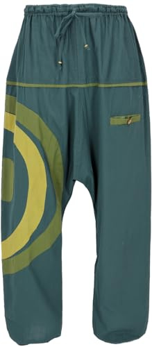 Goa Pluderhose, unisex Aladinhose, 100% Baumwolle, weit geschnitten, olive | Bequeme, luftige Pluderhose, elastischer Bund, tief geschnitten, kleine Tasche mit Kokosknopf