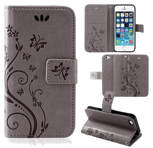 betterfon Hülle Kompatibel mit Apple iPhone 5 / 5s / SE | Premium PU Leder Handyhülle Wallet Case für iPhone 5 / 5s / SE | Schutzhülle Blumen Klapphülle Handyhülle | Grau