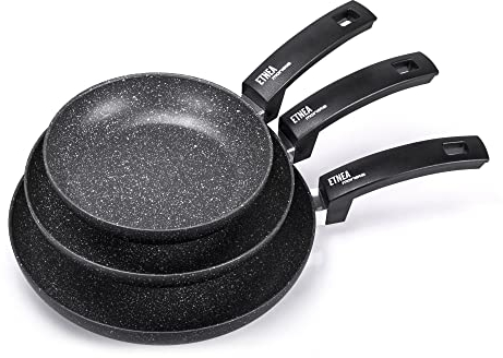 Moneta Etnea Set de 3 poêles à induction, revêtement anti-adhésif et anti-rayures, tous feux, Lavable au lave-vaisselle, 20, 24, 28 cm, 3 pièces