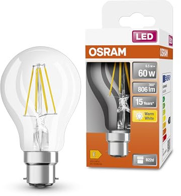 OSRAM LED Star Classic A60 LED lampe pour la base B22D, forme de poire, look filamentaire, 806 lumens, blanc chaud (2700k), remplacement des ampoules 60W conventionnelles, non dimmables, 1 pack