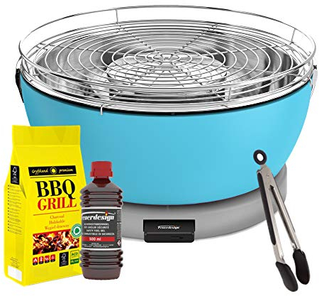 YesEatIs by FEUERDESIGN - VESUVIO Grill LIGHT-BLUE - Kit with IGNITION GEL + CHARCOAL 3 Kg + Barbecue Tongs