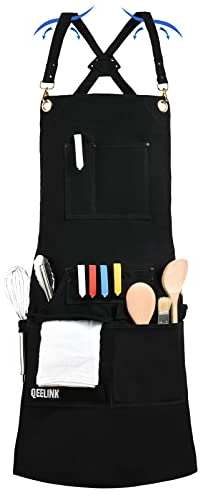 QeeLink Schürze für Küche, Barbecue und Grillen mit 10 Taschen, Professionelle Wasserfeste Segeltuch-Kochschürze mit Cross Back Gurte, Grillschürze Verstellbar von M bis XXXL für Mann & Frauen