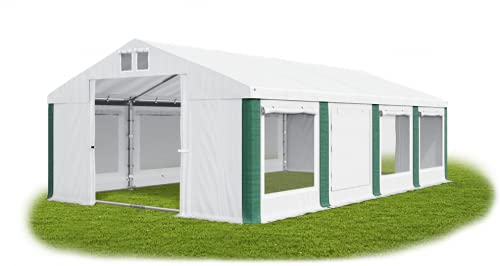 Das Company Partyzelt 4x8m Lagerzelt Universalzelt Pavillon mit Moskitonetz weiß-grün mit Bodenrahmen 560g/m² PVC Plane wasserdicht Solide Festzelt Gartenzelt Summer Floor ISDM
