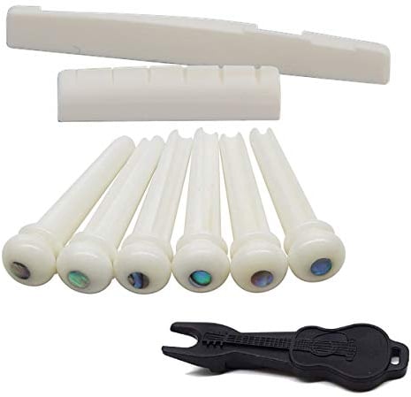 Alnicov Natural Bone Guitar Accessory Set (Bone Nut & Saddle, 6 Bridge Pins, Pins Puller) for 6-String Acoustic Guitar