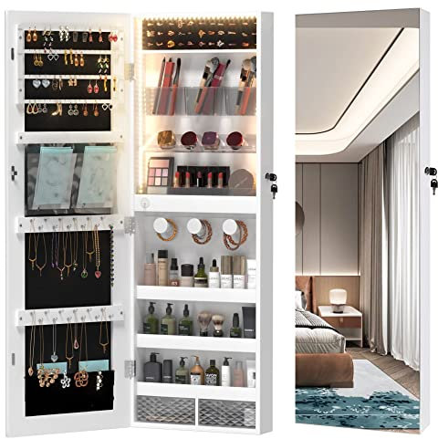 LVSOMT 3 LED Wall/Door Hanging Mirror Jewellery Cabinet, Lockable Full Length Mirror with Jewelry Storage, Wall Mounted Jewellery Armoire with 3-Color Lighting, Mirror with Storage for Bedroom, White
