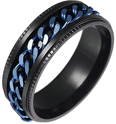 KnBoB 8MM Edelstahlringe, Schwarz Blau Panzerkette Ketten Spinner Ring Fidget Ring für Herren Größe 70 (22.3)