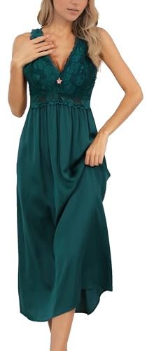 Alcea Rosea Femme Chemise de Nuit en Satin Longue Nuit Dentelle Nuit Sexy Robe élégante sans Manches Loisirs S-XXXL (Vert foncé, XL)