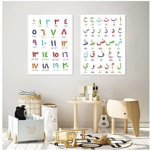 Arabische islamische Wand Bilder auf Leinwand arabische Buchstaben Alphabete Poster Ziffern Kinderzimmer Bilder Kinderzimmer Wand Bilder Dekoration 30 x 50 cm x 2 ungerahmt