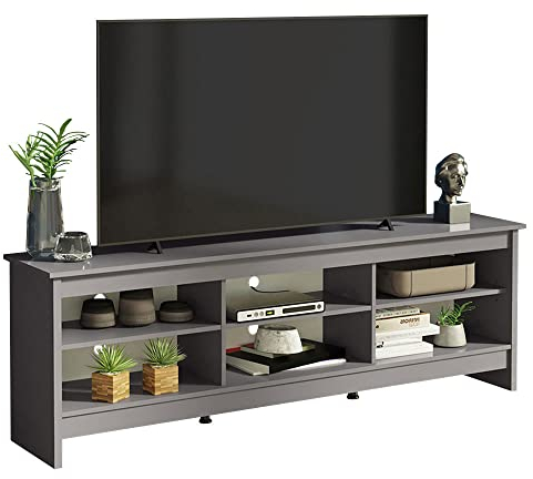 Madesa TV Stand Cabinet with 6 Shelves and Cable Management, TV Table Unit for TVs up to 75 Inches, Wood, 60 H x 36 D x 180 L – Grey