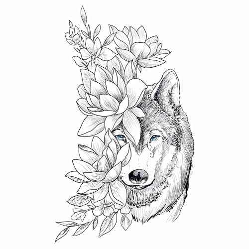 x3 Tatouage Éphémère Loup et fleurs - 1 lot de 3 Feuilles de tatouage temporaire animal | Bras, épaule, dos, mollet, cuisse, jambe | Noir | Homme, Femme - TATTOO YOUR STYLE