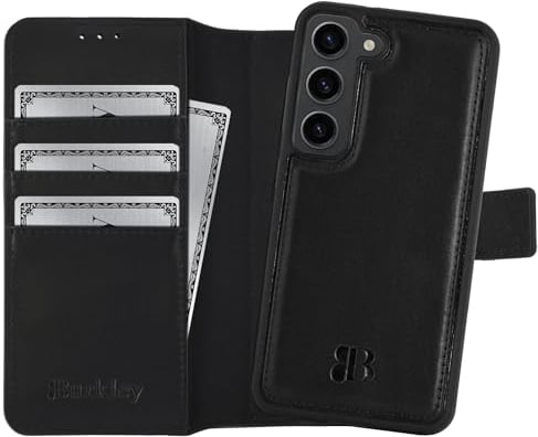 Burkley 2-in-1 Leder Handyhülle für Samsung Galaxy S23 (5G) mit Abnehmbarer Schutzhülle, 360 Grad, abnehmbares Cover, Kartenfächer und Kick-Stand (Schwarz)