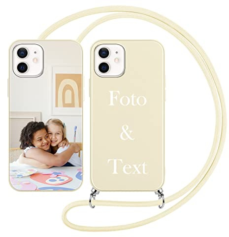 Yoedge Handykette Personalisierte Handyhülle für Apple iPhone 12/12 Pro Hülle mit Band Kordel 6,1,Selbst Gestalten mit Foto Bild Text Individuelle Schutzhülle Beige Cover für iPhone 12 Pro Case