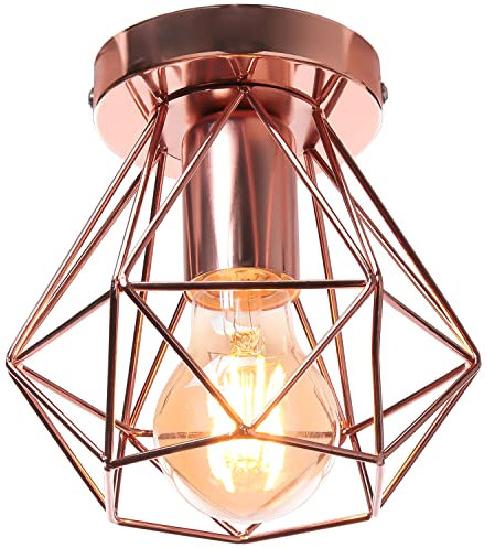 iDEGU Plafoniera Vintage E27 Lampadario Soffitto Industriale 16cm Paralume in Metallo Design Gabbia Retrò E27 Lampada da Soffitto per Corridoio, Camera da Letto, Cucina, Soggiorno (Gabbia A, Oro Rosa)
