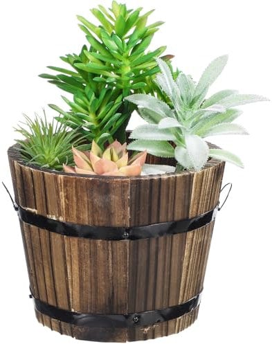 Healeved Wooden Round Barrel Planter Flower Pots for Home Office Garden Wedding Decor, Medium Brown, 15x12x13cm, Indoor Outdoor Plant Pots