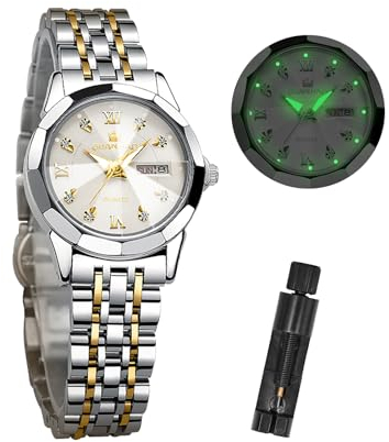 GUANHAO Uhren für Frauen mit Datum Edelstahlarmband Kleines Zifferblatt Quarz Analog Damenuhren Weißes Zifferblatt Damenarmbanduhr Wasserdicht mit Leuchtmasse