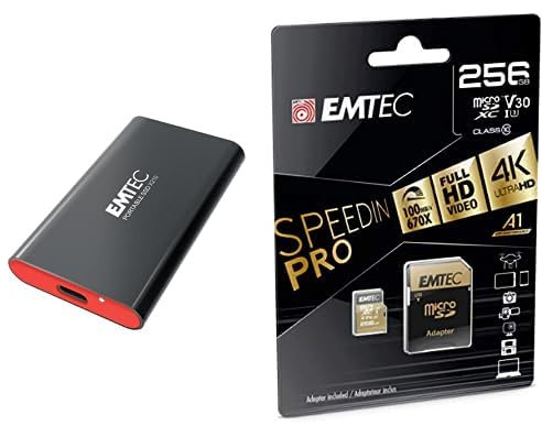 Emtec - Pack création : Disque SSD Externe USB 3.2 X210 256Go + Carte microSD UHS-I U3 V30 SpeedIN Pro 256 Go - Pack De 2