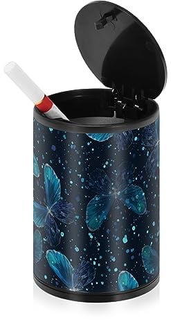 Blue Butterflies Tragbarer Aschenbecher für Zigaretten mit Deckel, geruchsdicht, Edelstahl, tragbar, rauchfrei, abgedeckt, für Autobecher
