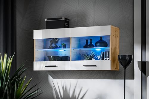 Komodee, Vitrine Armoire Savona, Blanc Wotan, Largeur 100 cm x Hauteur 50 cm x Profondeur 30 cm, LED Bleues, 2 étagères, pour Salon, Chambre, Entrée, Cuisine