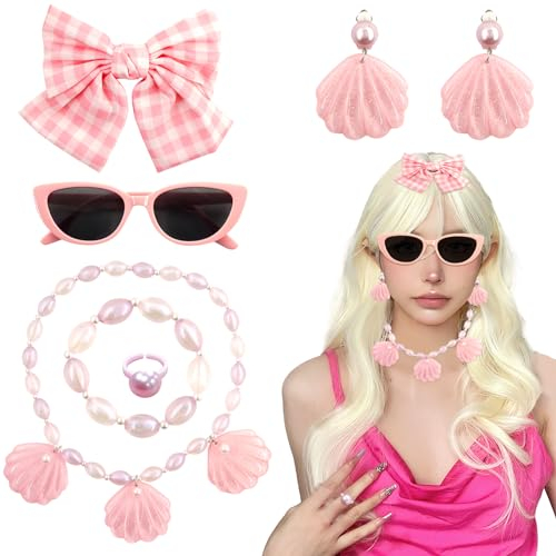 Kostüm Zubehör Set,Pink Costume Accessories,Rosafarbenes Cosplay Kostüm,Damen Zubehör Set,Chiffon Schal Haarspange Schleife Sonnenbrille Ohrringe,80er Jahre Outfit Damen Mottoparty