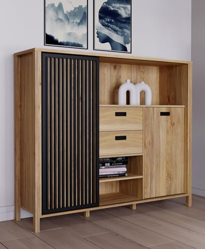 möbelando Kommode >Jecho< in Mauvella Eiche/Schwarz - 149,9x129,9x40,2cm (BxHxT)