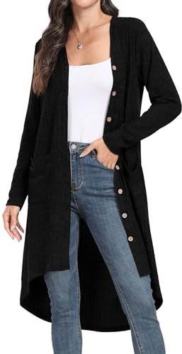 GRECERELLE Cardigan Femme Long Cardigan Élégant Fin Côté Manches Longues avec Boutons et Poches (Noir, XXL)