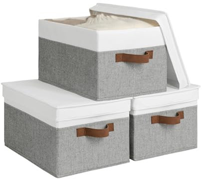 StorageWorks Fabric Storage Boxes with Lids, Clothes Boxes with Lids for Bedroom Organising, Foldable Storage Baskets with Lids, Storage Bins with PU Handles, Grey and White, 3-Pack