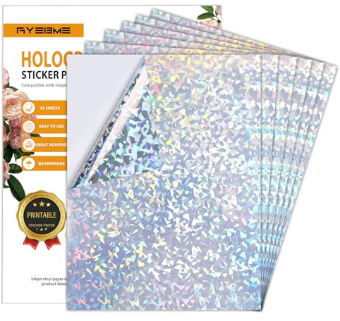 Ryebme Holographische Aufkleber Papier Vinyl Aufkleber Papier - 25 Blatt Selbstklebend Holografische Folie Für Tintenstrahldrucker, selbstklebend transparentes Hologrammfolie Vinylfolie mit A4 Größe