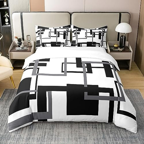 Homewish Coton, Housse de Couette Quadrillée 240x260 pour Enfants Garçons Filles, Ensemble de Literie Noir et Blanc, Parure de Lit Motif Géométrique, Housse Couette Carreaux Buffalo Art