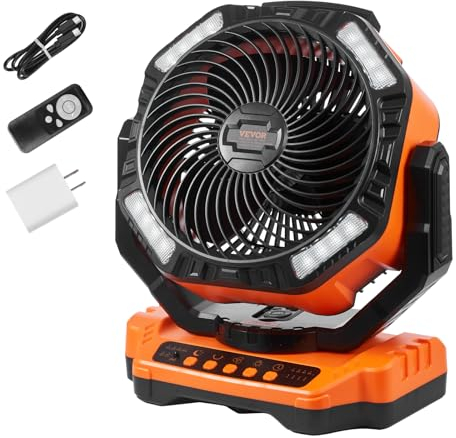 VEVOR Ventilador Portátil USB Recargable de 334 mm con Control Remoto Luces LED Temporizador Ventilador de Escritorio con Batería Giratorio Silencioso 4 Velocidades para Dormitorio, Viajes, Camping