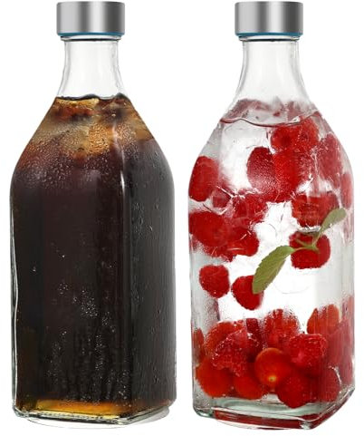 LIMILI Glass Bottles, 1 litre Glass Water Bottle with Stainless Steel Lids, Leak Proof Reusable for Hot Cold Drinks Party Home Kitchen (2pcs)