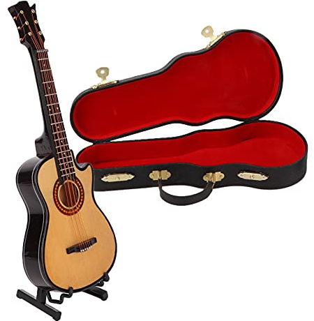 Hapivida Mini Gitarre Modell 20cm Miniatur Modell Gitarre aus Holz mit Ständer und Koffer, Musikalische Ornamente Miniatur Dekoration Heimdekoration