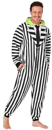 BEETLEJUICE Pigiama Intero Uomo con Cappuccio, Pile Tuta Intera - Regalo Uomo (Nero/Bianco, L)