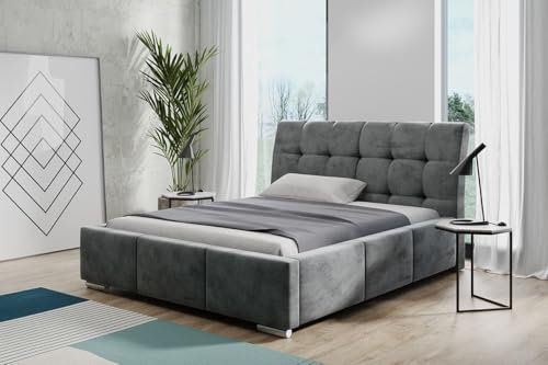AGMAT-FURNITURE Polsterbett BARI mit Kopfteil, 140 x 200 cm, Doppelbett mit Bettkasten und Lattenrost aus Metall, Velourstoff, Frabe: Grau
