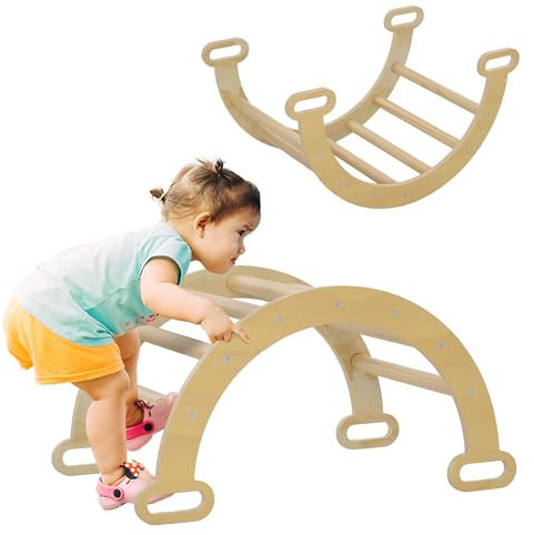 AIYAPLAY Escalada para Niños de Madera 2 en 1 Arco de Escalada para Niños de 18-48 Meses Balancín para Bebés Carga 50 kg 68x42x36 cm Natural