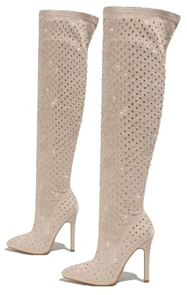 FUIPOT Stivali Lunghi sopra Il Ginocchio, Stivali Alti Dritti da Donna con Tacco Alto a Punta, Cerniera Laterale, Stivali Elastici in Maglia Sottile, Stivali Alti sopra Il Ginocchio,Beige,42 EU