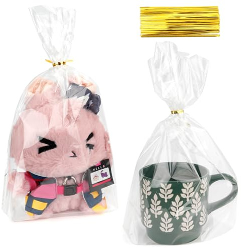 Sacchetti con fondo a soffietto in cellophane, 50 sacchetti in plastica trasparente per dolcetti, 20 x 28 cm, sacchetti per biscotti con fondo piatto, sacchetti regalo con laccetti intrecciati, per