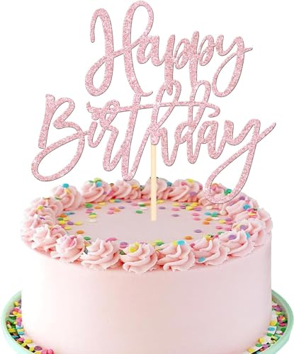 SYKYCTCY 1 Pack Happy Birthday Cake Topper Glitter Happy Birthday Cake Pick for Celebrating Birthday Anniversary Theme Party Cake Decorations Supplies Pink