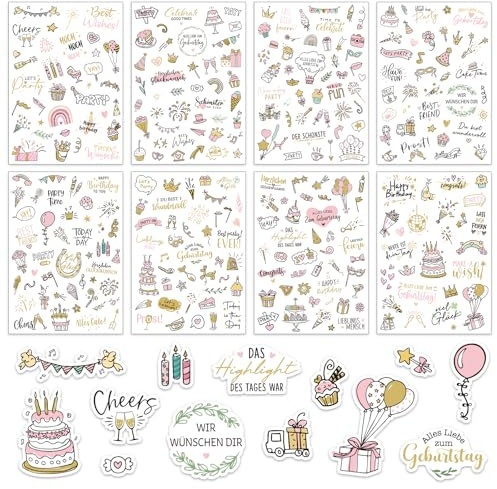 BOFUNX 8 Blätter Geburtstag Sticker Selbstklebende Aufkleber 300+ Motive Happy Birthday Sticker für Gästebuch Fotoalbum Karte Geburtstag Partydeko