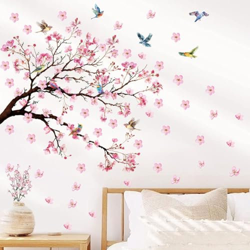 SanKristo Adesivi Murali di Uccelli di Rami di Fiori di Pesco, Uccelli di Fiori Rosa Adesivi Muro Camera da Letto Soggiorno Divano TV Sfondo Muro Decorazione, Autoadesivo Carta da Parati Rosa Arte