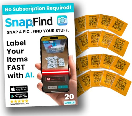 SnapFind Smart QR Code Labels – AI Auto-Labeling, No Typing! Storage Bins & Moving Containers – iOS-Only App – 20 Stickers (3 x 3) (Orange)