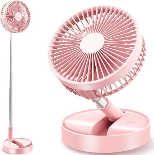 RealinKus Pedestal Fan Foldable table fan, Adjustable Height, 7200mAh Rechargeable, Portable, Quiet, FoldAway (Pink)