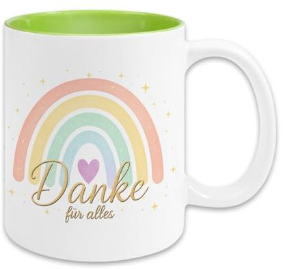Tasse Danke für Alles mit Regenbogen – Geschenk für Erzieherin, Lehrerin, Kollegin – Abschiedsgeschenk mit Geschenkverpackung – Handmade in Deutschland (Hellgrün)