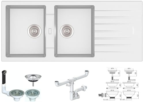 Lavello da Incasso Fhuller PTPL1162GW, 116x50 cm, 2 Vasche con Gocciolatoio, Granito Bianco