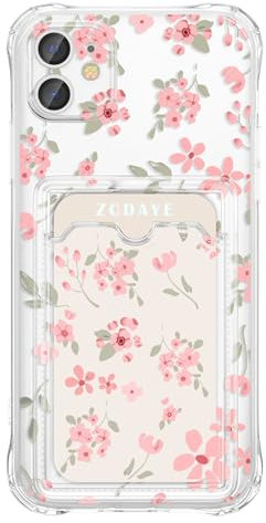 ZCDAYE Floral Clear Case for iPhone XR with Card Holder, Elegant Cute Flower Pattern Phone Case for Woman Girls, Soft TPU Shockproof Protective ShellShellPhone Cover for iPhone XR, Gentle Pink