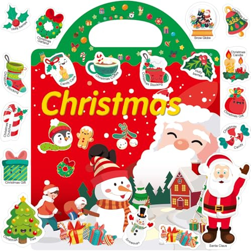 Weihnachten Deko Aufkleber für Kinder, Wiederverwendbare Weihnachten-Aufkleberbücher von 2–4 Jahren Lustige Reiseaufkleber für Kinder, wasserfeste Aufkleberbücher für Kleinkinder von 1–5 Jahren
