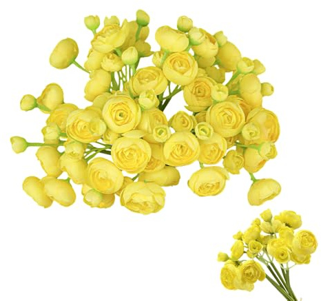 DODXIAOBEUL Künstliche Mini-Ranunkeln, 27,9 cm, Seide, Ranunkel, Blumenstrauß, Brautparty, Füllstoff für Zuhause, Tafelaufsätze, Arrangements, Hochzeit, Verlobung, Dekoration, Gelb, 18 Stück
