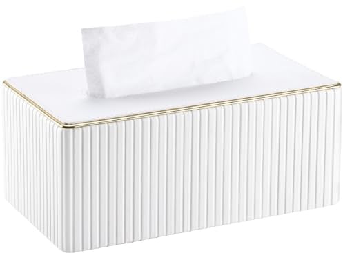 KINGFOM Taschentuchbox Kosmetiktücherbox mit Golden Edge, PU Leder Tissue Box Tücherbox, Taschentuchspender Taschentücher Box für Wohnzimmer, Badezimmer & Büro (Weiß, Rechteckige)