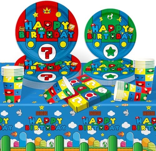 Luclay Geburtstag Party Pappteller Kindergeburtstag- Bros Partygeschirr Set Birthday Geburtstagsdeko Mädchen Junge Geschirr Party Tableware Supplies Kit Teller Tischdecke Servietten Tassen Kinder
