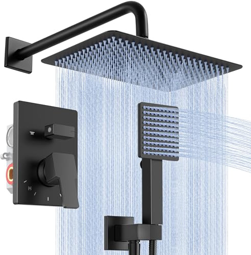 KES Unterputz Duscharmatur Set Schwarz Duschsystem 12 Zoll Regendusche mit Hochdruck Duschkopf 2 Strahlarten Handbrause Duschschlauch Ventilkörper inklusive Wandmontage, X6248S12-BK