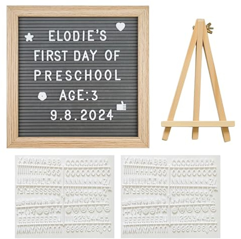 Filz Letter Board 20 x 20 cm, Grau Buchstabentafel mit 340 Buchstaben Austauschbare Filz Briefbrett Stecktafel mit Holz Staffelei Letterboard für Bürodekoration Ankündigungen Geschenke